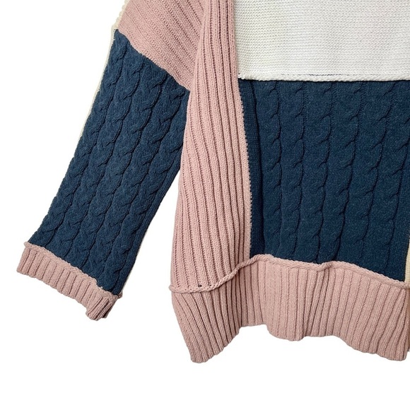 POL Nadene Beachy Color Block V Neck Flare Sleeve Cable Knit Chunky Sweater Sz M - Picture 12 of 13